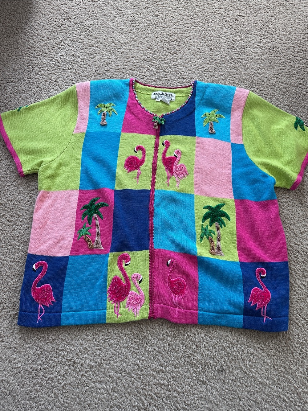 Jack B Quick Colorblock Flamingo Palm Embroidered Short Sleeve Cardigan